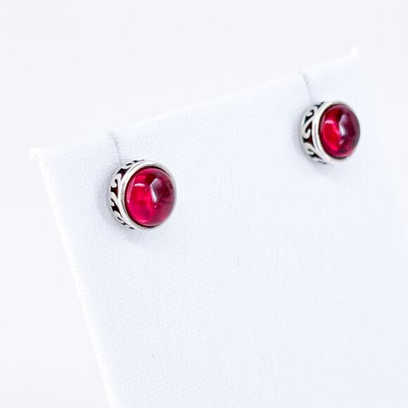Vintage Sterling Silver 925 Synthetic Ruby Red Cabochon Stud Earrings - Picture 3 of 9